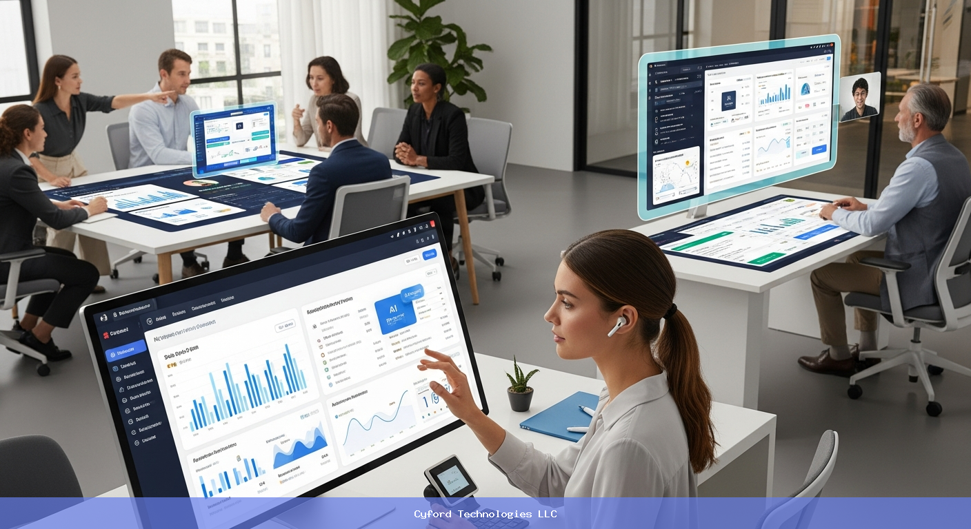 modern office workers using AI CRM dashboard
